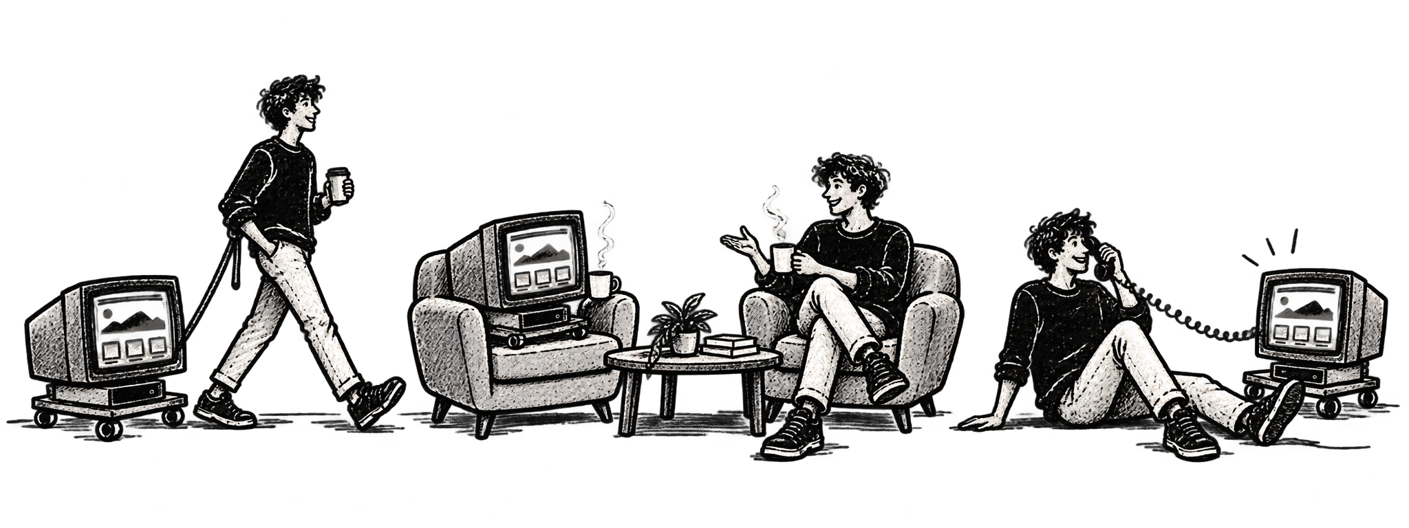 Three illustrated scenes of a person and a retro computer walking, sharing coffee, and talking on the telephone