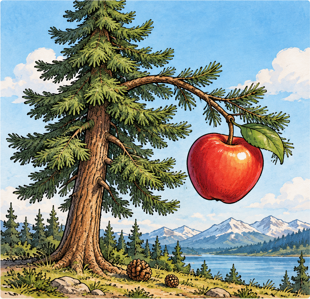 A pine tree with a big red apple hanging from a branch