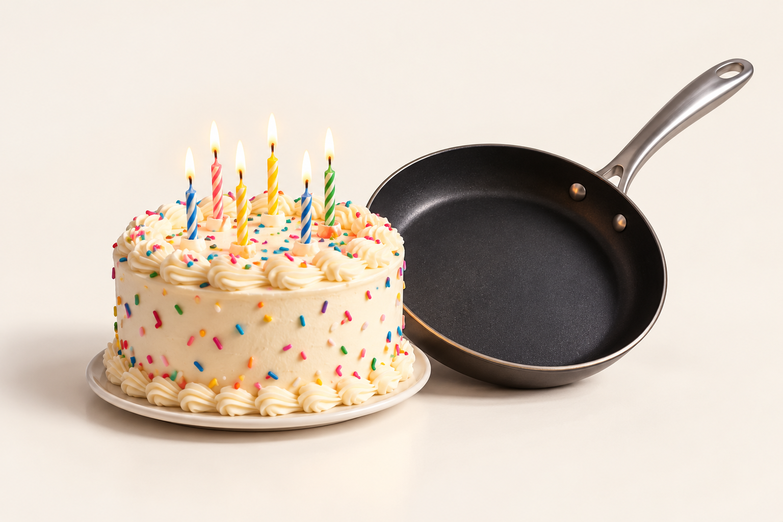 A regular frosted birthday cake beside a frying pan